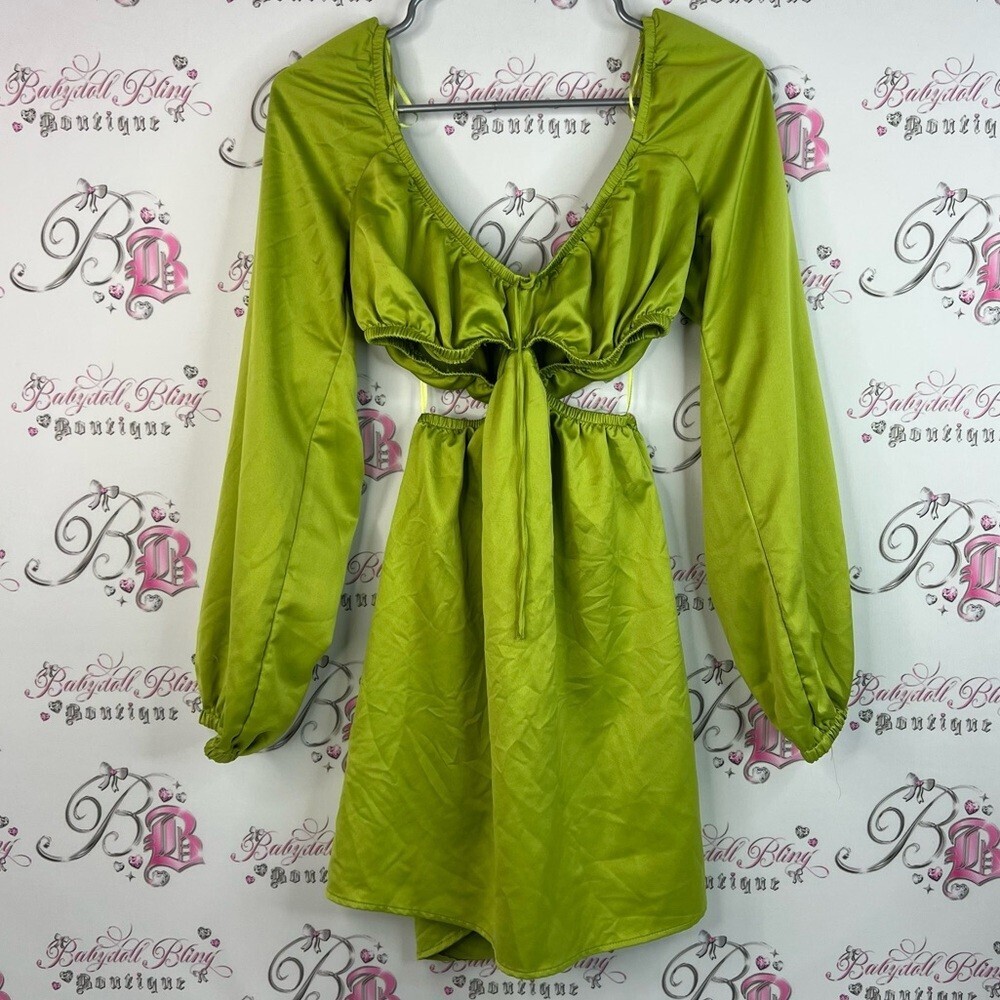 Dynamite dress shiny shimmer Vibrant Lime green cut outs smocked bubble sleeve